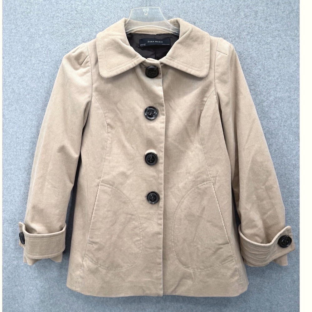 Zara Basic Corduroy Short Trench Coat Women Small Beige Button Front Belted Back